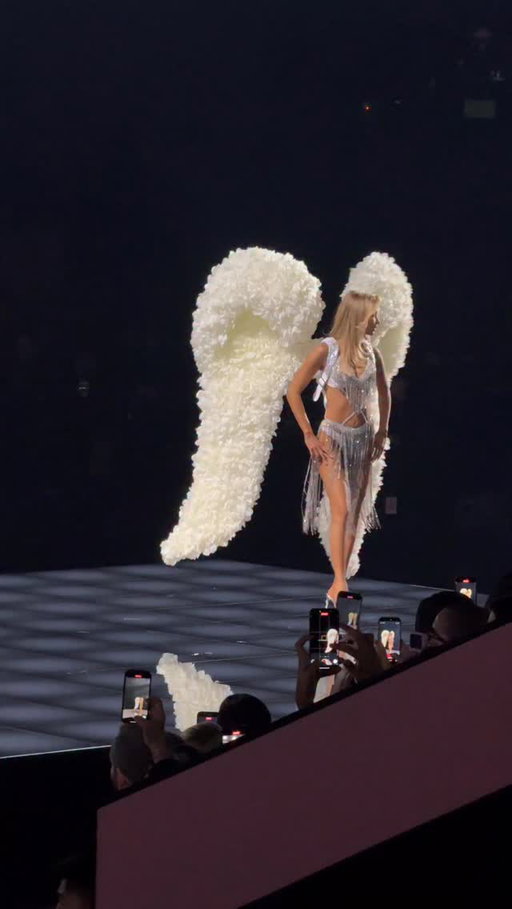 Her name is #BellaHadid—and don’t you forget it. The supermodel returns to the #VSFashionShow runway in a plush white set of wings.