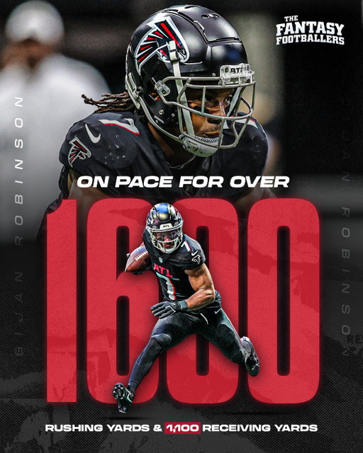 Bijan is pacing for a HISTORIC season 🔥 

Fun Stat -> Only 2 RBs over the last 40 years have hit 1000+ receiving yards in a season... 1999 Marshal Faulk, and 2019 CMC 🤯