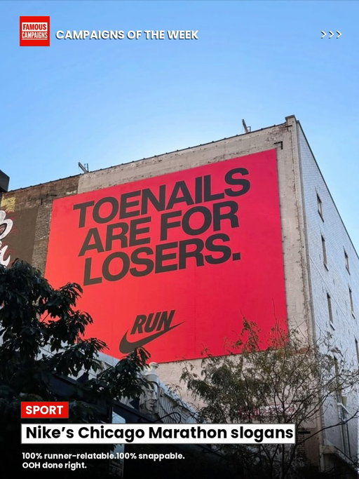 in this week’s round up on @famouscampaigns 

✪ Nike’s Chicago Marathon slogans @nikerunning pics via @prodirectrunning 
✪ This crosswalk in Istanbul visualises a decade of pedestrian deaths
✪ Liquid Nails gets stuck in with the ultimate glue test
✪ IKEA launch tiny beds for smartphones @ikeauae 
✪ The Ordinary takes aim at skincare pseudoscience @uncommon.creative.studio @nilsleonard 
✪ Tennis player pulls of a ‘one-in-a-million’ shot - Karue Sell 
✪ Häagen-Dazs shop in miniature - by @haagendazs_us + @paperdollminiatures
✪ Udderly fun milk carton pourer - @taiwanfood_kao
✪ Porsche & Pilates
✪ This machine vends free @lego 
✪ @aldispecialbuysuk just dropped a baked potato puffer
✪ @hyundaiuk open pop-up restaurant in the back of a car
✪Sweden just became the first country to be prescribed by doctors - @visitsweden 
✪ This @hermes campaign is pure fun
✪ @netflix celebrate @victoriabeckham doc - with billboard