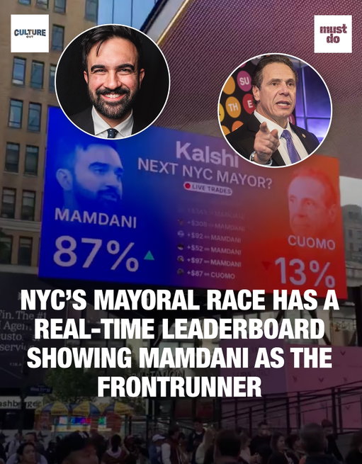 Kalshi’s billboard is turning NYC’s mayoral race into a live stock ticker.

The prediction market’s new billboard tracks real-time odds for who’ll become the city’s next mayor, with Zohran Mamdani currently holding a strong lead.

Business leaders have threatened an exodus from NYC if Mamdani wins, but his popularity has continued to surge with policies that aim to correct the cost of living and right the uneven economic playing field.

Meanwhile, Sliwa has said he’s turned down bribes to exit the race, and Cuomo is grasping on for dear life.

No matter where the @kalshi odds land, New Yorkers get the final say soon:

🗳️ Key Voting Dates
 Early voting: Oct 25–Nov 2
 Election Day: Tuesday, Nov 4 (6AM–9PM)

Media via Wikimedia/Kalshi 

#mustdonyc #culturecutbusiness #culturecut247 #nycmayoralrace #kalshipartner #mamdani #cuomo #nyc