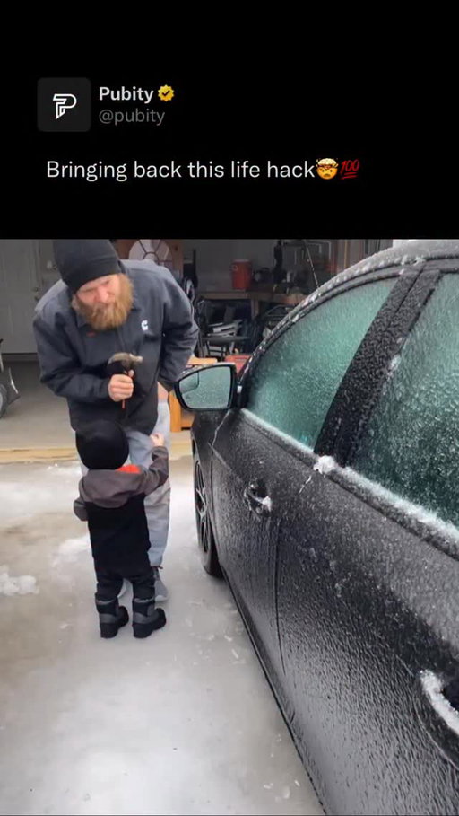 🔨

A woman records her husband trying to open their frozen car door after a severe winter storm left it sealed shut under layers of ice. Armed with a hammer, he gently taps around the edges, determined to free it without causing damage. After a few solid knocks, the ice finally gives way and the door pops open — success! The couple bursts into laughter, relieved that the hammer trick worked perfectly after two days of being snowed in.

Madeline Sullivan via ViralHog

#hack