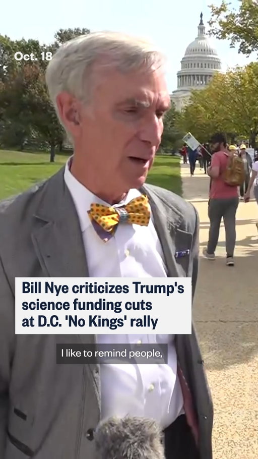 At a “No Kings” protest in Washington, D.C., Bill Nye tells NBC News’ @mzanona that federal cuts to science funding, especially around NASA, are “thoughtless.”