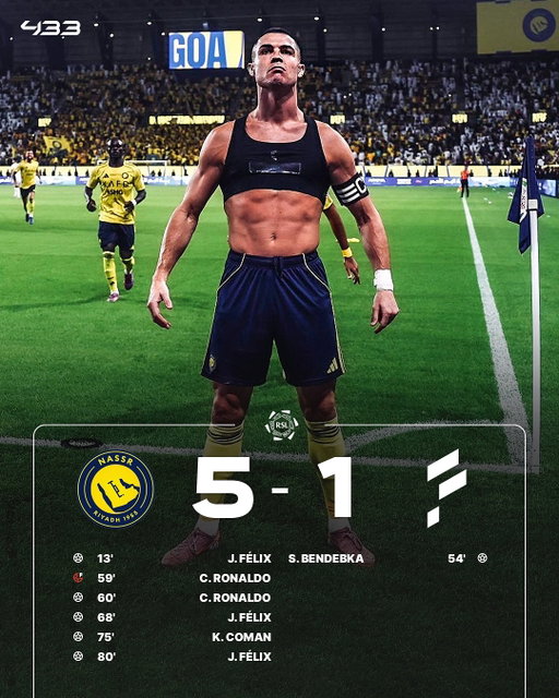 𝗔 𝗝𝗢𝗔̃𝗢 𝗙𝗘𝗟𝗜𝗫 𝗛𝗔𝗧-𝗧𝗥𝗜𝗖𝗞 ⚽️⚽️⚽️ 𝗔𝗡𝗗 𝗔𝗡 𝗜𝗡𝗖𝗥𝗘𝗗𝗜𝗕𝗟𝗘 𝗖𝗥𝗜𝗦𝗧𝗜𝗔𝗡𝗢 𝗚𝗢𝗔𝗟 🤯🚀

949 career goals for Cristiano... ⏳

Al Nassr go 4️⃣ points clear at the 🔝 of the table, with a 100% win record 📈

Cristiano Ronaldo this season:
🏟️ 11 games
⚽️ 11 goals
🅰️ 2 assists
 
João Félix this season:
🏟️ 13 games
⚽️ 13 goals
🅰️ 2 assists 
 
📸 @alnassr 
🎥 @moalriifai