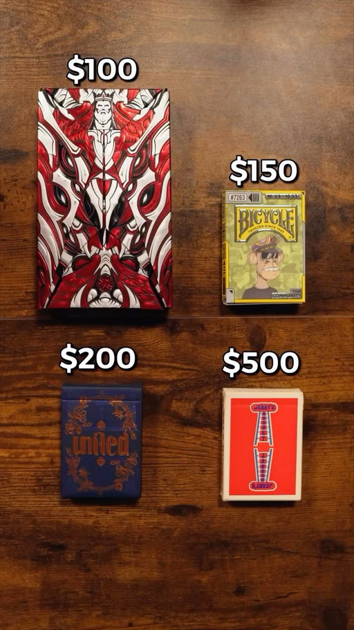 From $100 playing cards to $500 playing cards 😮
•
Which is your favorite?👇
•
$100 Cards by: @cardmafia 
$150 Cards by: @bicyclecards 
$200 Cards by: @cartamundicards 
$500 Cards by: Jerry's Nugget
•
#card #cards #playingcards #playingcard #shuffle #shuffles #cardistry #danielhuckins #expensive #pov #asmr #satisfying #cardshuffling #igreels #reel #reels