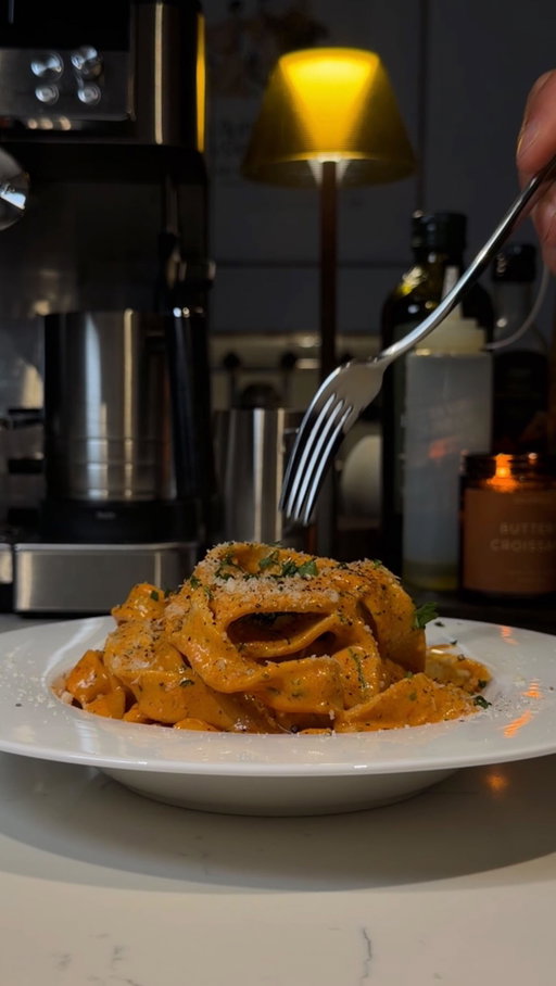 I’ve still got it… 🍝🍅 (recipe below):

Pasta:
-180g of 00 flour
-2 eggs

Method: Combine eggs with 00 flour, knead for 5 minutes, roll, fold & cut (leave covered to rest for 30 minutes) 
Cook pasta in salted, boiling water 2-3 minutes until al dente.

Sauce:
8 Garlic Cloves minced
3 cups Cherry Tomatoes halved
4 tablespoon Olive Oil
1 cup Dry White Wine
1 teaspoon White Sugar
1 teaspoon Chili Flakes
2 tablespoon Tomato Paste
2 cups Heavy Cream or the Alt milk (1:1 swap)
1 tablespoon Flour
½ cup Chopped Parsley
8 oz Rigatoni Pasta cooked al dente
1 teaspoon Smoked Paprika
1 teaspoon Garlic Powder
1 teaspoon sugar
Salt & Pepper to taste
Freshly Grated Parmesan (optional)

Method:
1. Mince the garlic and halve the cherry tomatoes.
2. Heat 4 tbsp olive oil over medium heat. Add garlic and ½ tsp salt; cook until golden, about 5 minutes.
3. Add 3 cups cherry tomatoes and ½ tsp salt. Sauté 10–15 minutes until soft and juicy.
4. Stir in 1 cup dry white wine; simmer 5 minutes. Add 1 tsp chili flakes and 2 tbsp tomato paste.
5. Pour in 2 cups heavy cream. Mix 1 tbsp flour with 2 tbsp water, then stir into sauce to thicken. Cook 5–10 minutes.
6. Add ½ cup parsley, 1 tsp smoked paprika, 1 tsp garlic powder, and salt and pepper. Toss with al dente rigatoni.
7.Simmer 5 minutes, then cover and rest 5 minutes.
8. Top with Parmesan, parsley, and black pepper. Enjoy!