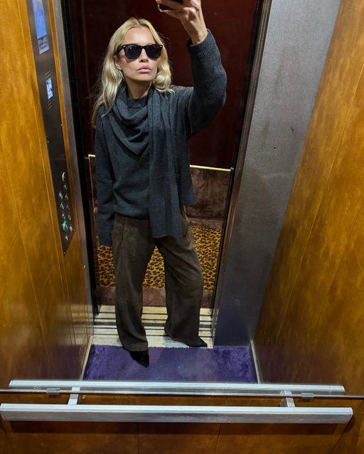 The suede trousers and knit with a built-in scarf I couldn’t stop wearing in Paris (and still live in at home) @karenbysimonsen 
/ad