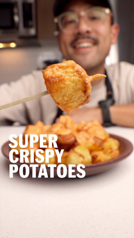 SUPER CRISPY POTATOES + BRAVAS SAUCE

This potato cooking technique is so key, and I love using this types of potatoes for hashes, fancy brunch or breakfasts, any time you want a super crispy potato. I learned this lesson from @kenjilopezalt from his video on @seriouseats on YouTube.
For the full ratio, check out the recipe on the YouTube video. Let me know if you want it and I can DM the link to the video

ingredients: water, salt, baking soda, potatoes

Notes: 
-I used Yukon gold potatoes, russets also work nicely 
-boiling potatoes will release some of the moisture from the potato which is what we want, before we bake em 
-I added microplaned Parmesan cheese, this is optional, but it’s more flavour and more surface area that can potentially crisp up
-Baked in the oven at 425°F (convection on) - this circulates hot air better

PATATAS BRAVAS SAUCE [👇🏼RECIPE]

My non-traditional spin on a bravas sauce. I’m using korean gochugaru as the source of heat, it’s mild, slightly sweet and smokey, and plays well with the spanish paprika. Feel free to add more chilli flakes or powder to your own liking.

1.5 tbsp neutral oil (I use avocado oil)
3 cloves of garlic (minced)
1 tsp sweet smoked paprika
1 tsp gochugaru (korean chilli powder)
2 tbsp tomato paste
3-4 oz water
a dollup of mayo (optional - I used avocado oil mayo)
1/2 tsp salt to taste
1 tsp apple cider vinegar

Method:

1. on medium heat, sweat the garlic in neutral oil (20 seconds)
2. add paprika and gochugaru and coat evenly into the oil (20 seconds)
3. add tomato paste, mix evenly and cook out tomato sauce. Move frequently to prevent burning
4. add water, incorporate evenly into the sauce
5. season with salt
6. remove from heat and cool to room temp
7. once cooled, add apple cider vinegar, and mayo, and mix thoroughly
