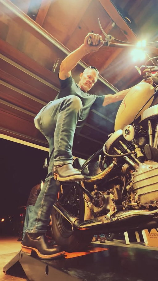 @joshbrolin and I breaking in our @whitesboots headed to wrench night at @christophercpearson Gurage . On Wednesday’s anywhere from 10-15 of us get together to help anyone who is having problems with their bike.  Such a good time watching all this knowledge at work. 
Love my chopper community. 

#harleydavidson #choppers #friends