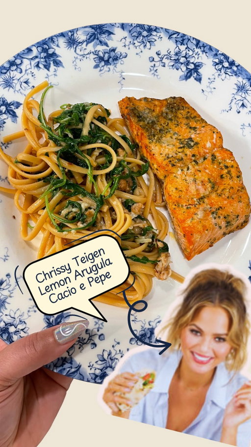 SAVE this recipe (and share it too) LEMON ARUGULA CACIO E PEPE 🍋🌱🧀 

You guys blew up my stories asking for the the recipe so here it is… @chrissyteigen this is my fave recipe from your Cravings book, still, after all these years omgggg 🤤🍝

🍴 Ingredients:

- 12 oz Dried Spaghetti (you can use cheackpeas pasta if you’re #gluten intolerant or just want less carbs, just know the texture won’t be the same lol)
- 1/4 pound (about 3/4 cup) Pancetta or bacon, finely diced
- 1/4 cup Extra-Virgin Olive oil
- 3 tbsp. Minced garlic - about 4-5 cloves
- 1 tsp. Red pepper flake
- 2 tsp. Black pepper, freshly grated (plus more, to taste)
- 1/4 cup Fresh lemon juice
- 1/2 cups Freshly grated Parmeggiano-Reggiano Cheese, plus more for serving
- 3 cups Fresh baby arugula

🍣 OPTIONAL: Add the protein of your choice. i added #salmon for an extra brain health kick!

👩🏽‍🍳 Instructions:

FIRST: In a large pot of heavily salted boiling water, cook the spaghetti to al dente according to the package. Reserve 1 cup of the pasta water, then drain the pasta.

MEANWHILE: In a large skillet, cook the pancetta over medium-high heat until crisp, seven to nine minutes. Add the olive oil, then add the garlic, red pepper flakes, and black pepper; cook until fragrant, about one minute.

THEN: Add the lemon juice to the skillet, then toss in the drained pasta, tossing to coat. Add the Parm and toss, adding the pasta water, a couple of tablespoons at a time, just to help the cheese coat the pasta. NOTE: Don’t OVERDO it with the water! Add the arugula and toss until it wilts, about one minute. 

FINALLY: Season to taste with additional desired amounts of salt, black and red pepper. 

Serve with even more Parm.
_ _ _ 

👩🏽‍🍳 SAVE this recipe (and share it too!), and tag me when you make it! 

#cacioepepe #salmon #recipe #chrissyteigen #cravingsbychrissyteigen  #bookrecipe