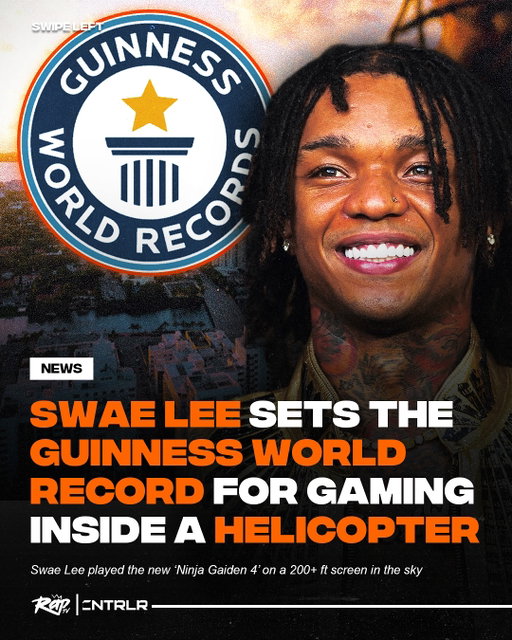 #SwaeLee partnered with Xbox and broke a Guinness World Record promoting Ninja Gaiden 4‼️🤯

He flew across Miami, playing on a 200+ foot screen, setting a Guinness World Record for largest video game display flown by a helicopter🔥

He also previewed some unreleased music 👀