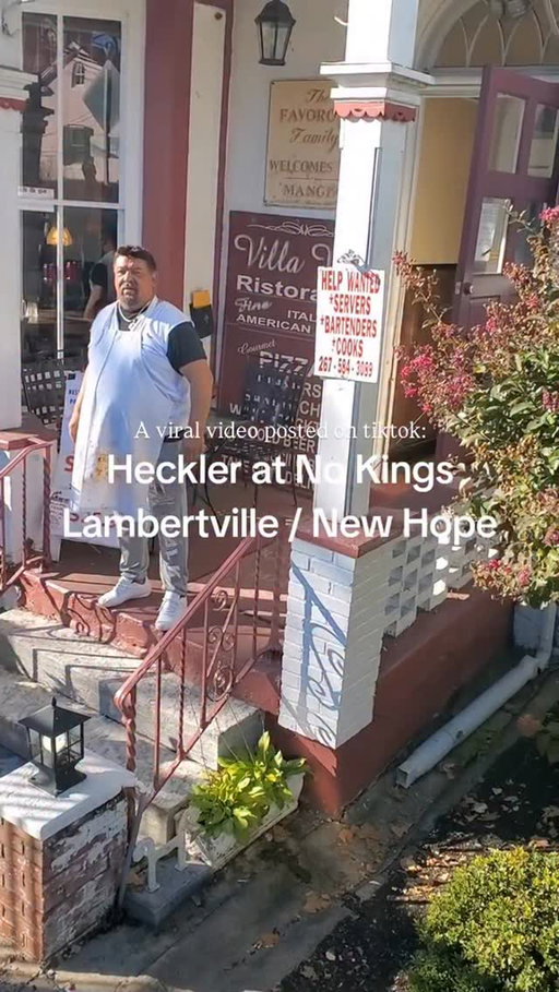 What are your thoughts? 

A video going viral on TikTok shows a worker at Villa Vita Ristorante in New Hope shouting obscenities and making offensive gestures toward protesters during Saturday’s “No Kings Day” demonstration in Lambertville and New Hope.

In the now viral video with over 50k likes, the employee can be heard calling the protesters “dirty, filthy animals” while flipping them off from the restaurant doorway. The incident unfolded as a reported 3,000 people marched across the New Hope-Lambertville Bridge as part of nationwide “No Kings” protests against President Donald Trump’s administration.

The video has sparked backlash online, with many viewers condemning the worker’s behavior and tagging the restaurant in posts demanding accountability. Villa Vita has not yet issued a public statement regarding the incident.

-

Credit: taocat1 on TikTok 

#hunterdoncounty #hunterdoncountynj #buckscountypa #buckscounty #lambertvillenj #newhopepa