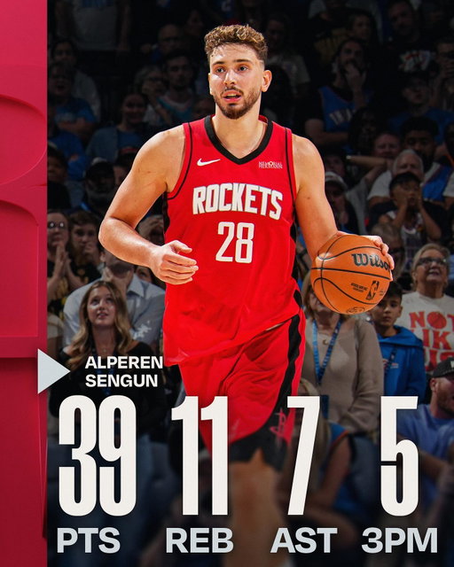 @alperen.sengun put on a show tonight vs. OKC ⭐️ In tonight’s matchup he became the FIRST player in NBA history with at least 35 PTS, 10 REB, 5 AST, and 5 3PM in a season opener ‼️