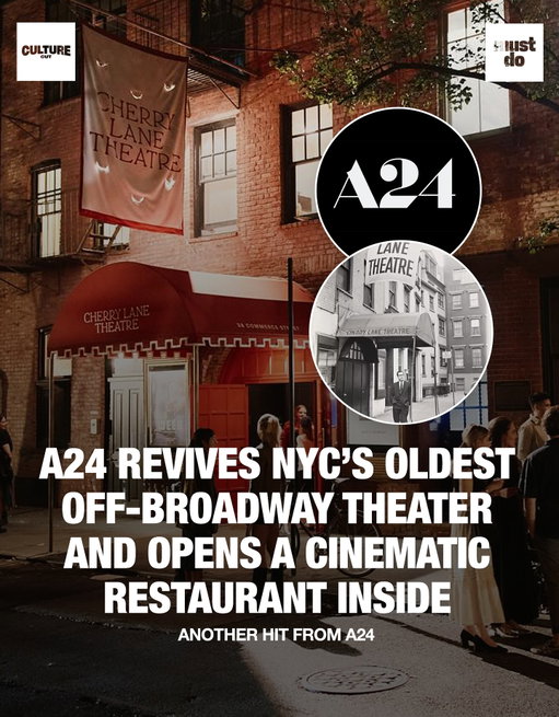 Leave it to A24 to make dinner and a show feel cinematic. 🎬

The studio behind Moonlight, Hereditary, and Everything Everywhere All at Once tagged @leroystreetstudio to restore the Cherry Lane Theatre, NYC’s oldest Off-Broadway venue, after a two-year, $10M renovation.

Now reopened in the West Village, the space hosts live performances, screenings, and Wild Cherry, a 45-seat restaurant from the Frenchette team serving oysters, lobster clubs, and coconut cake under moody green lights.

A24 isn’t just shaping film anymore, it’s curating culture, one night out at a time.

Follow @mustdonyc, @culturecut247, and @culturecutbusiness for more stories at the intersection of food, film, and design.

Media via A24/@cherrylanetheatre

#culturecutbusiness #mustdonyc #moviebusiness #a24