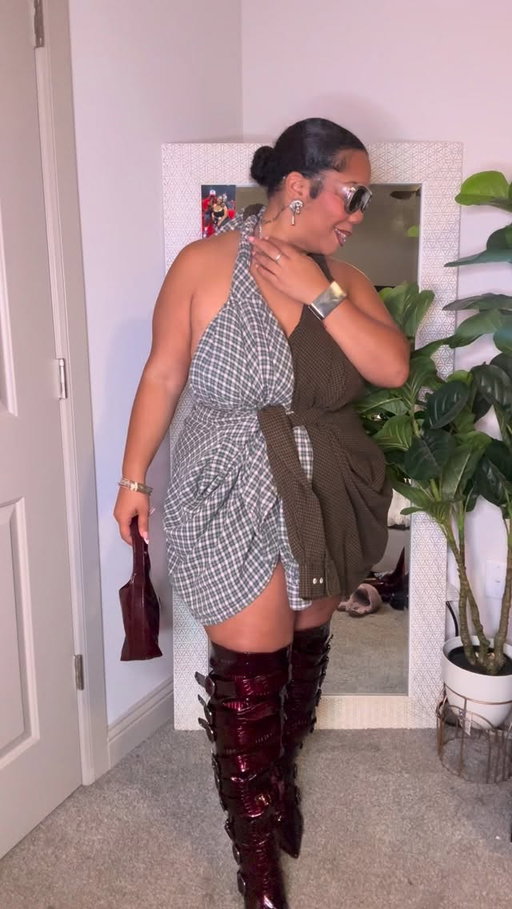 I'm on a mission to style my gladiator shades with this outfit! I'll search through my own collection before considering a shopping trip. Actually, I think I’m goingto get creative and work with what I have. In the meantime, I recommend hitting the thrift store for button-up shirts to create a lil dressy dress with a lil dip in the back, nothing too crazy! 😮‍💨

Shoutout to @shopakira for the boots.

#diyfashionista #thriftstorefind #thriftedfits