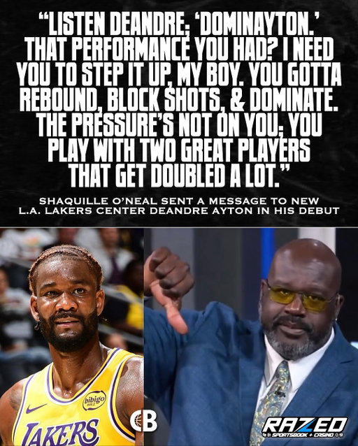 Shaquille O’Neal sent a message to new Los Angeles Lakers center DeAndre ‘Dominayton’ Ayton in his debut vs. Golden State: 

“Listen DeAndre; ‘DominAyton.’ That performance you had? I need you to step it up, my boy. You gotta rebound, block shots, & dominate. The pressure’s not on you; you play with two great players that get doubled a lot.” 

Ayton in his debut: 10 PTS, 6 REB, 1 BLK, 5/7 FGM, 4 TOV, 34 MIN, LOSS 

Agree or disagree with Shaq? 🤔