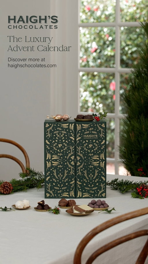 Introducing the 2025 Haigh's Luxury Advent Calendar. Countdown to Christmas with twenty-four days of specially curated chocolates, exclusively handmade by our chocolatiers. Each calendar has been handcrafted in Adelaide and is generously filled with an abundance of chocolate for two people to enjoy. A small number of calendars are available to purchase online and pre-orders are now open at haighschocolates.com