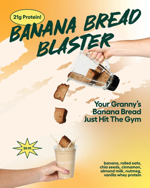 Your favorite fall flavor with 21g of protein. The Banana Bread Blaster now available at all locations! 💪🍌