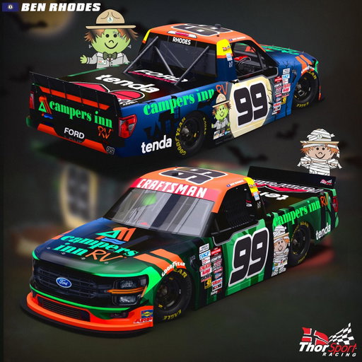 Things are getting spooky👀🎃
Checkout a sneak peek of @benrhodes No. 99 Campers Inn RV Ford F-150 for Halloween night at Phoenix! 

Ben and RV Artie will hit the track next Friday at 7:30 PM ET live on @fs1 👻 

#CampersInnRV #NASCARTrucks #BenRhodes #FordRacing
