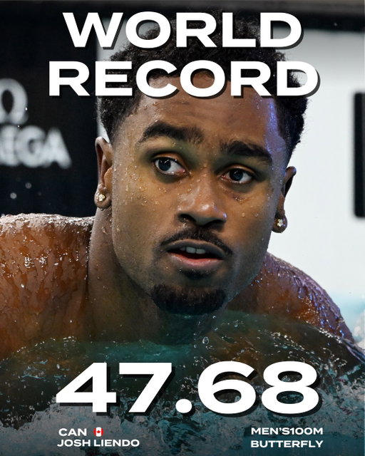 💥 WORLD RECORD!
🇨🇦 Josh Liendo storms to a 47.68 in the men’s 100m butterfly and busts Noe Ponti’s Triple Crown run! 👑❌