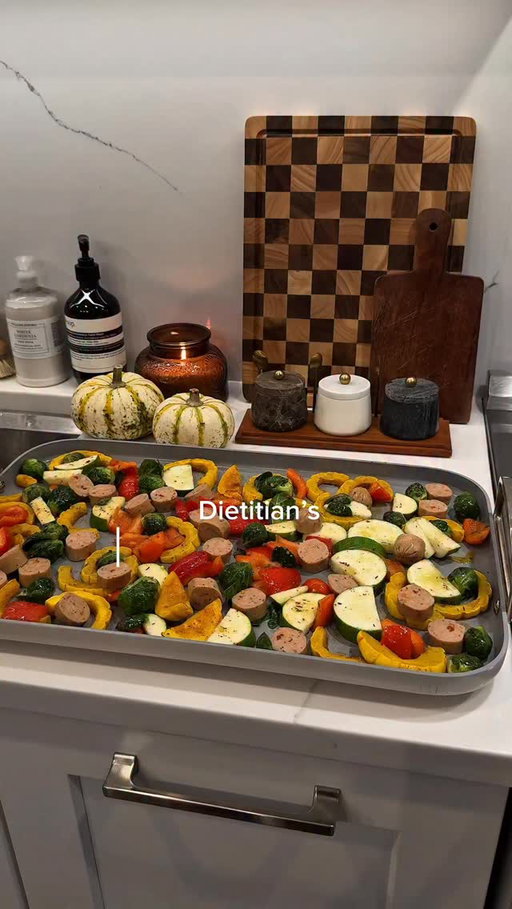 High in fiber, packed with protein, and minimal cleanup. Aka the kind of weeknight meal that makes you feel like you have it all together (even when you don’t 😉).

Main Sheet Pan
	•	3 Chicken Sausages, sliced into ½-inch rounds
	•	2 cups Brussels sprouts, trimmed and halved
	•	1 small Delicata squash, halved lengthwise, seeded, and sliced into ½-inch half-moons
	•	1 medium zucchini (green or yellow), halved lengthwise and sliced
	•	1 red bell pepper, chopped into bite-sized pieces
	•	1 tbsp olive oil (plus more if needed)
	•	½ tsp smoked paprika
	•	½ tsp garlic powder
	•	½ tsp dried thyme or Italian seasoning
	•	Salt and black pepper to taste

Directions
	1.	Preheat oven to 425°F (220°C) and line a large sheet pan with parchment paper.
	2.	Toss the Delicata squash with half the olive oil, smoked paprika, and a pinch of salt. Spread evenly on the pan and roast for 10 minutes.
	3.	Remove from oven and add Brussels sprouts, zucchini, and red bell pepper. Drizzle with the remaining oil and sprinkle with garlic powder, thyme, salt, and pepper; toss to coat.
	4.	Scatter the chicken sausage slices evenly over the vegetables.
	5.	Roast for 20–25 minutes, stirring halfway through, until vegetables are golden and sausage is slightly crisp.
	6.	(Optional) Broil for 1–2 minutes for a caramelized finish.

⸻

🍋 Lemon-Tahini Drizzle

Whisk together:
	•	2 tbsp tahini
	•	Juice of ½ lemon
	•	1 tsp maple syrup or honey
	•	1 tsp Dijon mustard
	•	1–2 tbsp warm water (to thin)
	•	Pinch of salt and pepper

Drizzle over the warm sheet-pan mix before serving.

#SheetPanDinner #FallRecipes #InSeasonEating #DietitianApproved #EasyHealthyMeals #ChicagoDietitian #BalancedNotPerfect #weightloss #weightlossrecipes