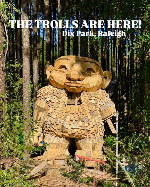 TROLLS • The Trolls are here! Something magical is living in Dix Park! 
🪾
Internationally acclaimed Danish artist Thomas Dambo created five large-scale, whimsical trolls made entirely from repurposed materials.
And they were constructed with help from hundreds of local volunteers!
🪾
They’re putting the finishing touches on them this weekend for their official debut in 2 weeks.
🪾
Raleigh’s trolls are part of a larger family of seven coming to North Carolina, with one more making its home in High Point and one in Charlotte. Together, they form Thomas Dambo’s biggest U.S. installation to date. He’s already built more than 150 trolls across five continents and 23 US states.
🪾
That’s not all. Asheville will host a related traveling exhibition at the NC Arboretum in beginning November 15.
🪾
“Waste No More” is one of Dambo’s mottos, as his mission is to show the world that trash can be turned into something beautiful. ✨“That we can create joy and connection without consuming more.”✨
🪾
The 600-foot “tail” that connects the baby troll with its mother is made from bourbon barrels. Other materials used came from fences, shingles, and even a barn! They worked with @raleighreclaimed and @habitatforhumanity, among other individuals and groups. 
🪾
Their exact hiding spots in Dix Park are a secret for now, and I don’t want to spoil any surprises. They’re located in at least 3 different sections of the park. And it will be fun for kids of all ages to search, explore, and discover these amazing creations. They are truly wonderful! Awe inspiring!
🪾
Do you like learning about new art and fun things to do in Raleigh? Follow @experience_raleigh for more. 

Have you heard about the trolls? Are you excited to discover them? Tell me in the comments. 
🪾