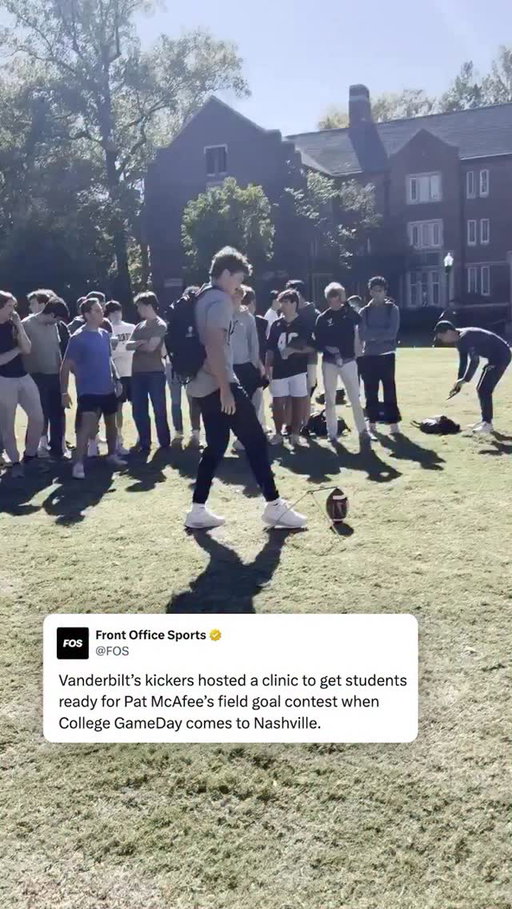 Vanderbilt’s kickers are making sure students are ready for Pat McAfee’s College GameDay field goal contest 🏈

Last week’s prize was $400,000. About 100 Vandy students showed up to train.

(🎥 via dtovitz/X)