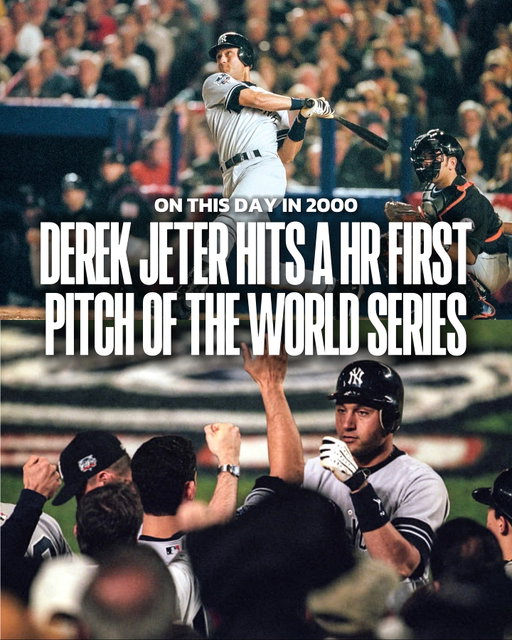 25 years ago today, Derek Jeter sends the first pitch of Game 4 of the World Series into the left field bleachers at Shea Stadium against the Mets.