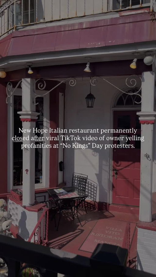 What are your thoughts? 

Villa Vita in New Hope was already infamous for its poor reviews citing unsanitary conditions and bad food. The owner’s recent outburst towards protesters in a viral video appears to be the final nail in the coffin. As of yesterday, all signs were taken down & their Google listing says “Permanently Closed.”

The video racked up over 580K views on TikTok, with our repost garnering 133,000 additional views.

-

Follow for more #local happenings 

#buckscounty #buckscountypa #panews #phillysuburbs #newhopepa #townsofpennsylvania