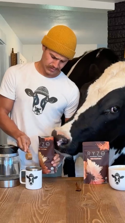 My morning routine with Bruce and @ryzesuperfoods #ryzesuperfoodspartner #ad #cow #brucethecow #farm #animals