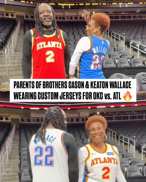 Repping for both teams! Brothers @cason.wallace and @hollywood.suavae prepare for tonight’s game as their parents arrive in custom OKC/ATL jerseys 🤩 
Thunder/Hawks • 7:30pm/ET on NBA TV • Link in bio!