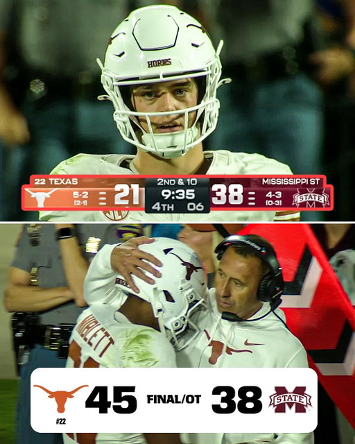 TEXAS COMES BACK FROM DOWN 17 IN THE 4TH TO BEAT MISSISSIPPI STATE 🤯

ARCH MANNING FINISHED WITH 346 PASS YDS AND 4 TOTAL TD 🔥