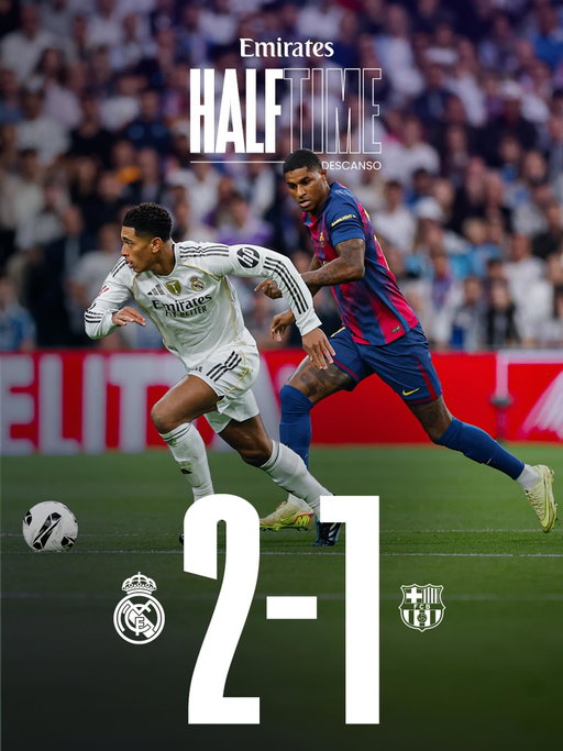 ⏸ HT: Real Madrid 2-1 Barcelona
⚽ 22’ @K.Mbappe
⚽ 38’ Fermín
⚽ 43’ @JudeBellingham
@Emirates | #ElClásico