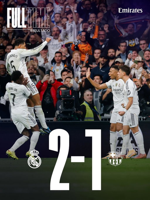 🏁 FT: Real Madrid 2-1 Barcelona
⚽ 22’ @K.Mbappe
⚽ 38’ Fermín
⚽ 43’ @JudeBellingham
@Emirates | #ElClásico