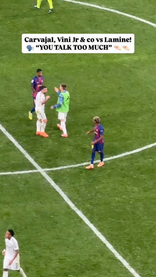 🚨🔥 It got so 𝒕𝒆𝒏𝒔𝒆 after El Clásico with Carvajal and Vini telling Yamal “𝒚𝒐𝒖 𝒕𝒂𝒍𝒌 𝒕𝒐𝒐 𝒎𝒖𝒄𝒉” 🤏🏻

“𝑺𝒑𝒆𝒂𝒌 𝒏𝒐𝒘! 𝒀𝒐𝒖 𝒔𝒑𝒆𝒂𝒌 𝒕𝒐𝒐 𝒎𝒖𝒄𝒉”, they said… when other players arrived in the fight, also Raphinha who was on the bench and went to defend Lamine 🤯🥊

@defensa.central @josepadilla_dc 🎥