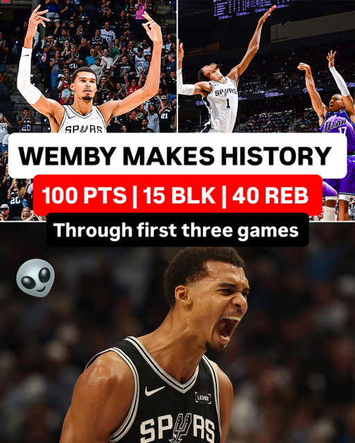 Wemby becomes the first player EVER to record 100+ PTS, 15+ BLK, and 40+ REB through a team's first three games 🤯