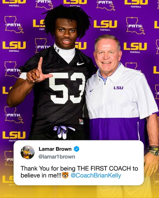 LSU commit Lamar Brown gave his appreciation to Brian Kelly after his recent firing from the Tigers.

Brown is the No. 1 recruit in the SC Next 300 Class of 2026.

📸 @lamar1brown, @lsufootball