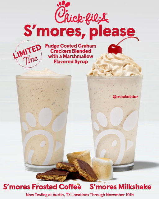 Chick-fil-A might've just created the perfect seasonal shake and I am going to need s'more of it IMMEDIATELY! 😮

Chick-fil-A just dropped a new S'mores Milkshake and Frosted Coffee at locations in the Austin, TX market through November 10th and this sounds incredible to me.

It blends fudge coated graham crackers with a marshmallow flavored syrup into their vanilla ice cream for what I bet is one of their best seasonal shakes ever.

Do you want to see @chickfila bring this nationwide? Do I need to book a flight to Austin, TX to try this before November 10th?!

.

.

.

.

#chickfila #fastfood #milkshake #smores #cfa
