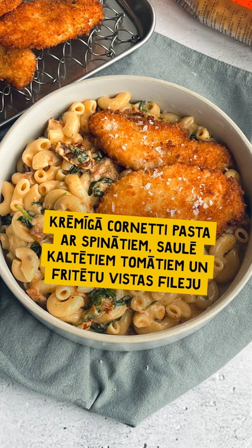 Pastas mēneša noskaņās uztaisīsim ko ļoti sātīgu un vareni gardu! 🍝

Krēmīgā Cornetti pasta ar garšu piepildītu spinātu un saulē kaltētu tomātu mērci, kas papildināta ar kraukšķīgu fritētu vistas fileju. 🍅

Ja neesi lielākais pastas cienītājs, tad šī recepte liks Tev iemīlēt pastas ēdienus! 💚