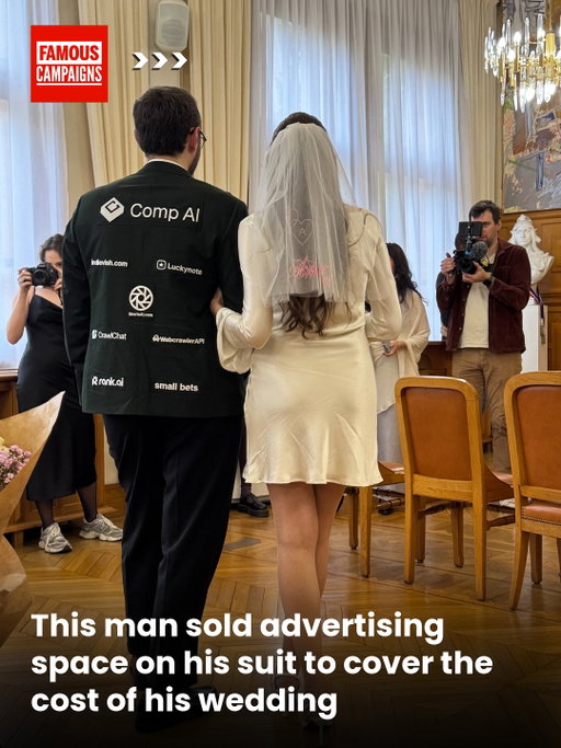 This guy covered the cost of his wedding with sponsored ad slots sewn onto his tuxedo.

26 companies, spanning AI, SaaS, and tech tooling bought into the bizarre opportunity from Dagobert Renouf.

Personal milestone, brand stunt, viral moment.

If you’re only wearing the tux once... might as well let SaaS pay for it.

Follow > @famouscampaigns
