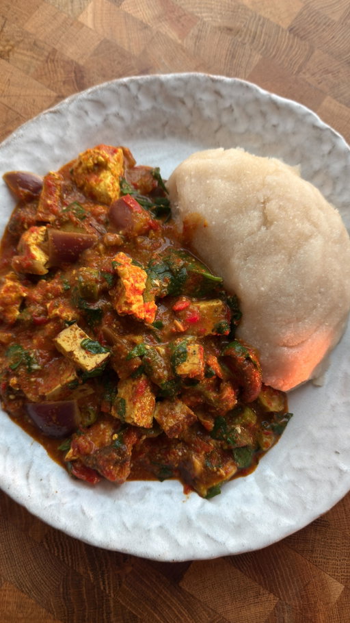 Okra stew 🔥🌍🌱 

Are there any okra stew dishes I’ve missed out? Let me know in the comments 👇🏿

Ingredients: 

~ 20 pods of Okra 
2 red onions 
Palm oil 
3 pointed peppers 
1 tofu (280g)
1 smoked tofu (200g)
Shiitake Mushrooms (120g) 
2 tbsp Curry powder 
Smoked paprika 
Sea salt 
Salt 
Soy sauce 
1 veg stock cube 
1 cup of water 
A couple handfuls of chopped spinach 
1 scotch bonnet 

Method: 

1. Start by dicing your onions and add to a pan with some oil. 
2. Add the peppers to a processor and blitz. You still want it fairly chopped. Not puréed. Then add the pot on a medium heat and let it cook down for 15 minutes. 
3. Blend half the okra until smooth and add into the pot, mix so all the ingredients are well incorporated. Add the scotch bonnet 
4. Rough cut the tofu and mushrooms and add the seasonings. Enough to cover the every surface area. Because we’ve seasoned the “meat” we don’t need to add any more to the stew. 
5. Add a veg stock cube and hot water into the pot followed the “meat” and let that simmer. 
6. Chop the remaining okra chopped spinach and let it cook down on a low heat for 15 minutes. 

#okra #okrastew