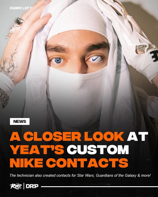#Yeat shows off a pair of Nike x Lyfestyle Corporation contact lenses‼️👀 

They were created by a technician who has created custom lenses for Star Wars, Guardians of the Galaxy and more 🔥 

Y’all rocking with them⁉️

📸: @garrettbruce