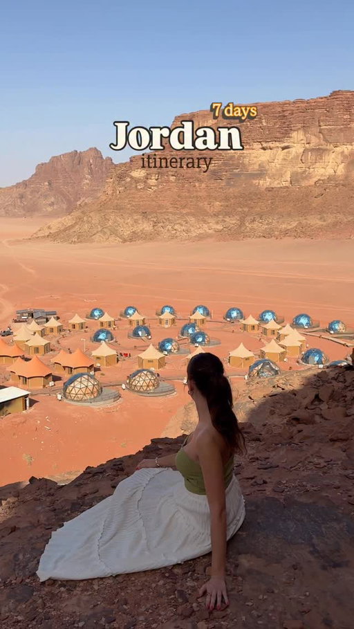 Jordan Itinerary - 1 Week 👇🏼🇯🇴🏜️

📌Save this for your future trip! 

🕌 Amman (2 days max.)
If you’re short on time you can do this in one day as a tour (check my Tour Recommendations page in my linktree for links!)
- Roman theatre 
- King Abdullah I Mosque
- Amman Citadel 
- Food and old markets tour (we loved this!) 
- Cave of Seven Sleepers 
- Jordan Museum 

🏛️ Jerash ( 1 day) 
- Can be done as a day trip from Amman, you don’t need to stay here overnight
- Incredible Roman ruins that are huge and a must see while you’re staying in Amman

🏜️ Wadi Rum Desert (2 days)
- We stayed at Memories Aicha Luxury Camp in the Panoramic Luxury Suite
- Camps/accommodation will book your activities such as: 
- stargazing with photoshoot
- desert jeep safari
- sunrise hot air balloon ride 
- hike the rock formations

🐫 Petra (2 days)
- Petra is an archeological site that spans over 60 square km (the size of Manhattan!) So you need two days! 
- There’s so many of trails, tombs and temples but the most famous are The Treasury, The Monastery, The Great Temple and more! 
- Save money by buying the Jordan Pass! 
- See Petra at night (separate ticket) lit up by candles and hear traditional Jordanian musicians 

⛱️ (Optional) Add on - Aqaba (2 days) 
- A seaside town/port city on the Dead Sea, we decided not to visit because we had a similar experience in Egypt but it’s known for great resorts and if you have a few extra days a great spot to relax In a resort! 

Add Jordan to your bucketlist! Is there anything you’d want to know for future Jordan videos? 🇯🇴🐫🏜️

#jordan #petra #petrajordan #visitjordan #travelblogger #travelpassport #travelguide #jordanguide #traveladvice #wadirum #desert #amman #jerash