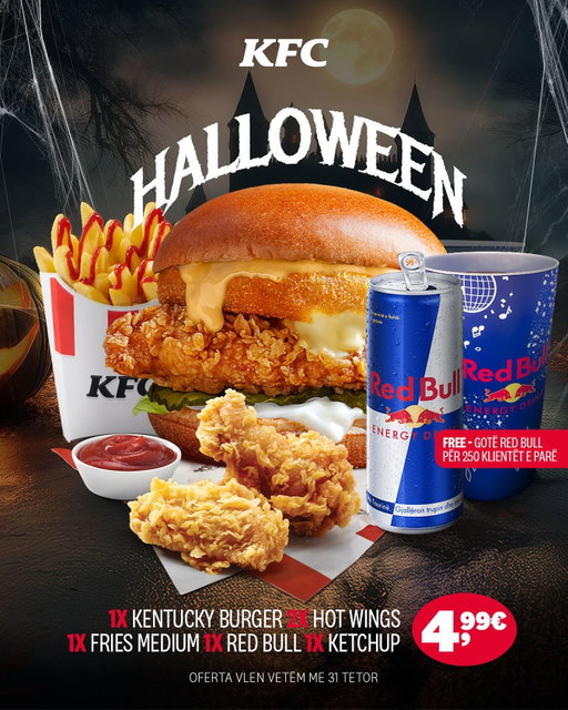 Kur don me t’hongër dhompiri pshtoje vetën kallxoja ofertën.
P.S gotën e Red Bull-it maje për veti 💙👻

*Oferta vlen vetëm me 31 Tetor
*Oferta nuk vlen në Delivery