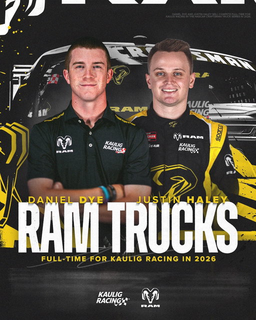 We’ve locked in two more.

@danieldye43 and @justin.haley will drive @ramtrucks full-time in 2026 for Kaulig Racing!