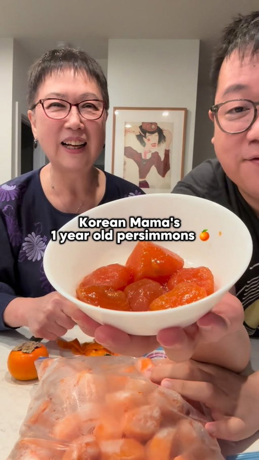 There are many types of persimmons out there but these are the dangam or fuyu ones - the short/round kind that can be eaten firm too. You can let them ripen at room temp until soft but mom likes to freeze some of them because apparently they transform into the flavors and texture of the softer, syrupy sweet hachiya or hongsi kind. Talk about 🤯 blown!
