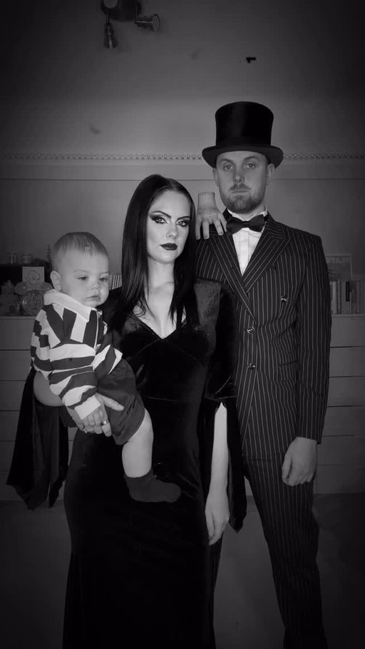 Our first family halloween costume 🖤 The Addams Family ~ Morticia, Gomez & Pugsley Addams ☠️ Not sure Björn liked dressing up as Pugsley though, he much preferred being flounder 🤣 

[family halloween costume, halloween]