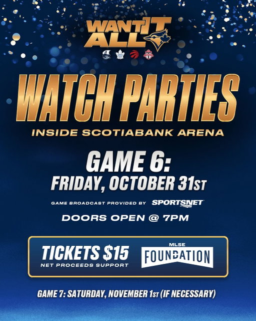Cheer on the @bluejays with us 💙⁣
⁣
We’re opening our doors for in-arena World Series Watch Parties for Game 6 and Game 7 (if needed). Catch every pitch on the videoboard inside Scotiabank Arena with pre-game programming, giveaways, and concourse activations 🫶⁣
⁣
Tickets are available for $15, with net proceeds supporting @mlsefoundation. On sale today at 5:30 p.m. 🎟️
