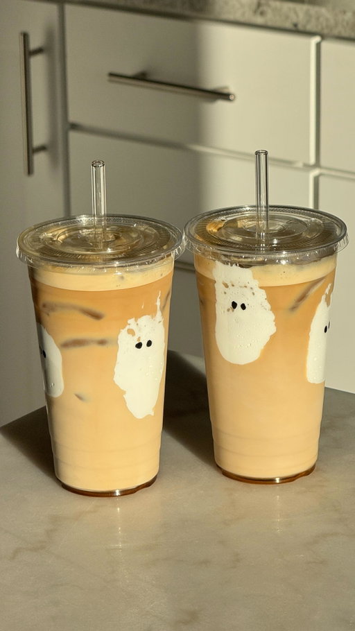 happy halloween 👻💋

serving up spooky iced lattes this am !!! made with marshmallow fluff ghosts 👻 maple latte for me + cookie butter latte for my work bestie! both made with whole milk + @donfranciscos espresso ☕️

#coffee #icedcoffee #homecafe #halloween #halloweendrinks #9to5
