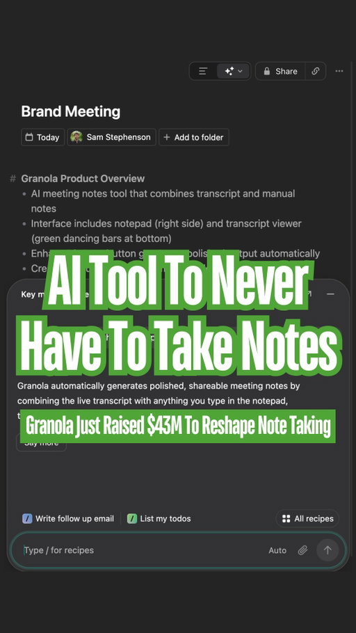 These two guys just raised $43M so you never have to take notes again.

Meet Granola, the AI notepad quietly taking over Silicon Valley.

No awkward meeting bots. Just you, your notes, and AI doing the heavy lifting in the background. 

Granola transforms your meetings into beautiful summaries, key takeaways, and to-do lists automatically.

Comment GRANOLA, and I’ll DM you the link to get started for free.

#ai #productivity #aitools #granolapartner
