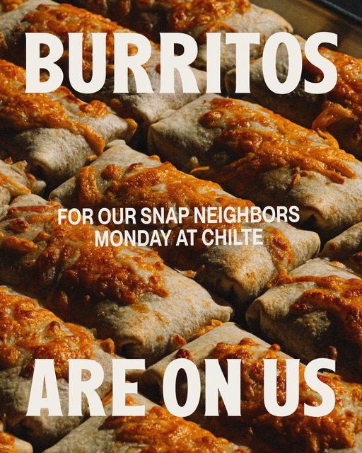 For our SNAP/EBT neighbors →

Food support’s been unpredictable lately, so we’re teaming up with @chilte_phx and @purisimabakery to share 600 frozen burritos.

📍 Chilte (765 Grand Ave, Phoenix)
🕔 Monday, Nov 3 from 5–7 PM or until we’re out

One six-pack per household. Please bring your SNAP/EBT card.

600 burritos. 100 families’ freezers stocked.

Hardly a dent in the need, but we’ll keep showing up the way we know how.

Please share so this reaches the right people. 🫶
________

Para nuestra comunidad de SNAP/EBT →

El apoyo alimentario ha sido impredecible últimamente, así que nos unimos con Chilte y La Purísima para compartir 600 burritos congelados.

📍 Chilte (765 Grand Ave, Phoenix) 🕔 Lunes, de 5 a 7 PM o hasta agotar existencias

Un paquete de seis por hogar. Por favor trae tu tarjeta SNAP/EBT.

600 burritos. 100 familias con el congelador lleno. 
Apenas una pequeña ayuda frente a tanta necesidad, pero seguiremos mostrando nuestro apoyo.

Ayúdanos a compartir esto para que llegue a quienes lo necesitan. 🫶